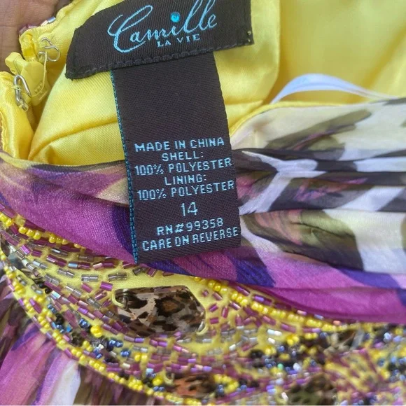 Y2K Camille La Vie Pink & Yellow Leopard Beaded Gown Size 14 - Picture 9 of 9